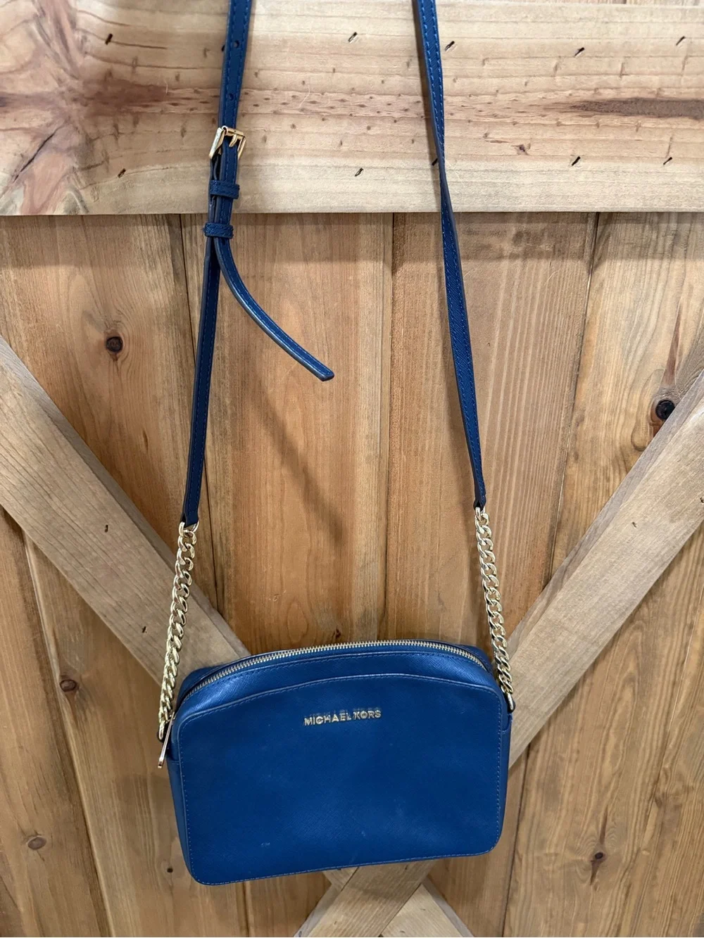 Michael Kors Navy and Gold Chain-Accent Crossbody
